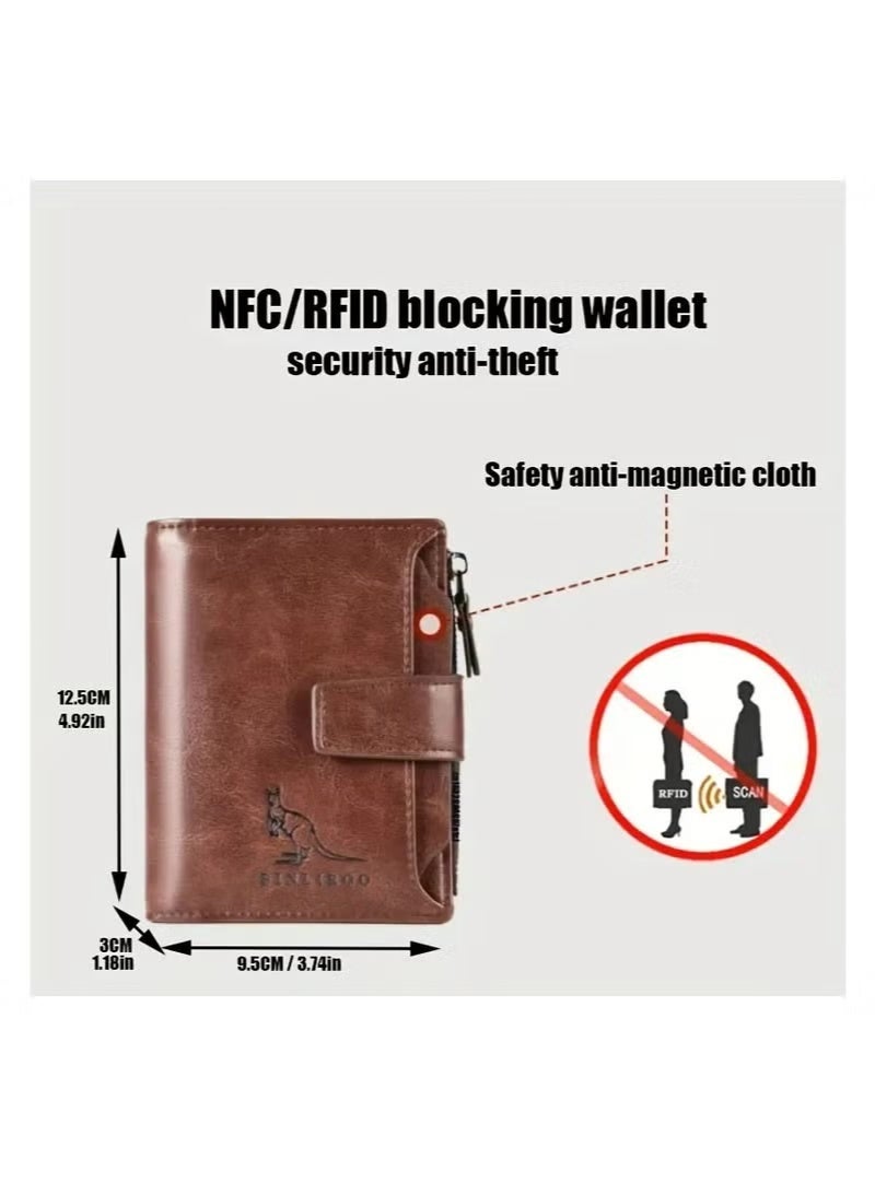 بنليرو محفظة جلدية حقيقية للرجال على الطراز القديم تتميز بفتحة بطاقة محمية بـ RFID ومقسمة عملة وحامل بطاقة عمل وإغلاق بريد آمن. محفظة الرجال (بنية). - Image 3