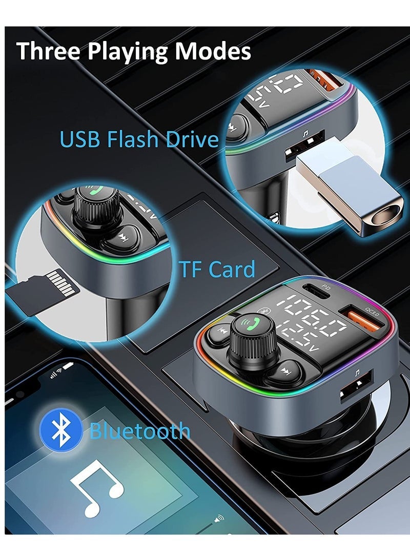 Gulf Trend Wireless Bluetooth Car Adapter,FM Transmitter AUX Radio Receiver,Handsfree Call,QC3.0 & Type-C USB Car Charger Ports, 7 Color Backlit with 2 LED Display, TF Card & USB Music Player - Image 4