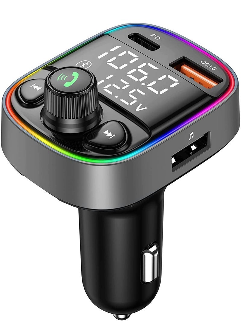 Gulf Trend Wireless Bluetooth Car Adapter,FM Transmitter AUX Radio Receiver,Handsfree Call,QC3.0 & Type-C USB Car Charger Ports, 7 Color Backlit with 2 LED Display, TF Card & USB Music Player - Image 1