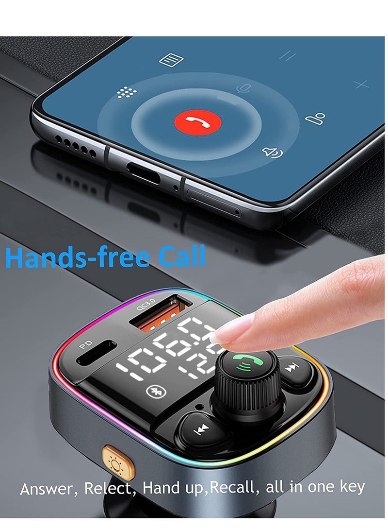 Gulf Trend Wireless Bluetooth Car Adapter,FM Transmitter AUX Radio Receiver,Handsfree Call,QC3.0 & Type-C USB Car Charger Ports, 7 Color Backlit with 2 LED Display, TF Card & USB Music Player - Image 3