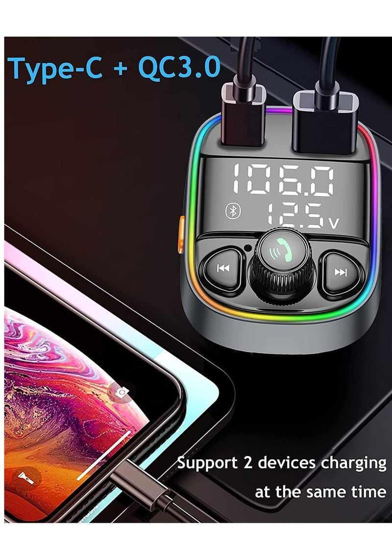 Gulf Trend Wireless Bluetooth Car Adapter,FM Transmitter AUX Radio Receiver,Handsfree Call,QC3.0 & Type-C USB Car Charger Ports, 7 Color Backlit with 2 LED Display, TF Card & USB Music Player - Image 5