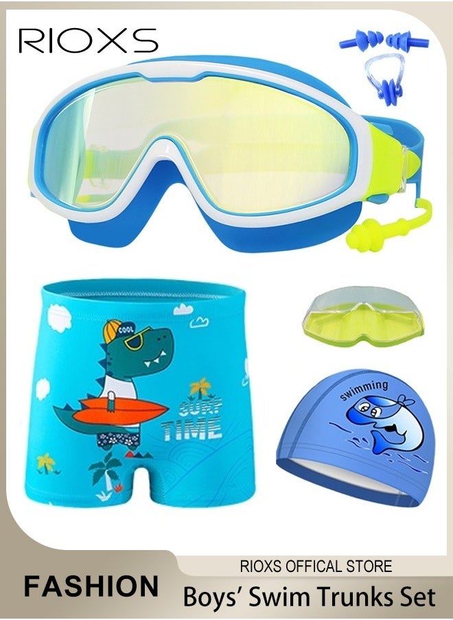 RIOXS Boys' Swimming Set,Short Swim Trunks And Swim Cap,Anti-Fog Wide View Swimming Goggles With Nose Clip Ear Plugs Goggle Case,Complete Swimwear Kit For Little Kids Boys 3-15 Beach Pool Hawaii  - Image 1