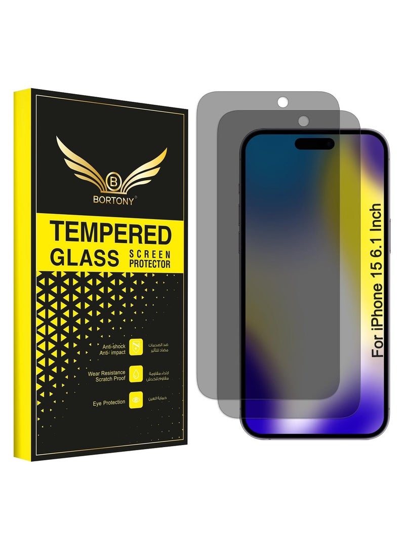 BORTONY iPhone 15 Privacy Screen Protector [2-Pack] Glass Anti Spy Scratch Resistant 9H Hardness Bubble Free Full Coverage Case Friendly for Apple iPhone 15 6.1 Inch  - Image 1