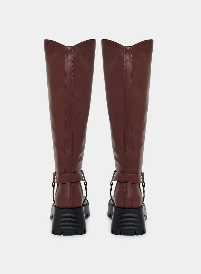 RAID Buckle Harness Detail Knee High Boots by Styli