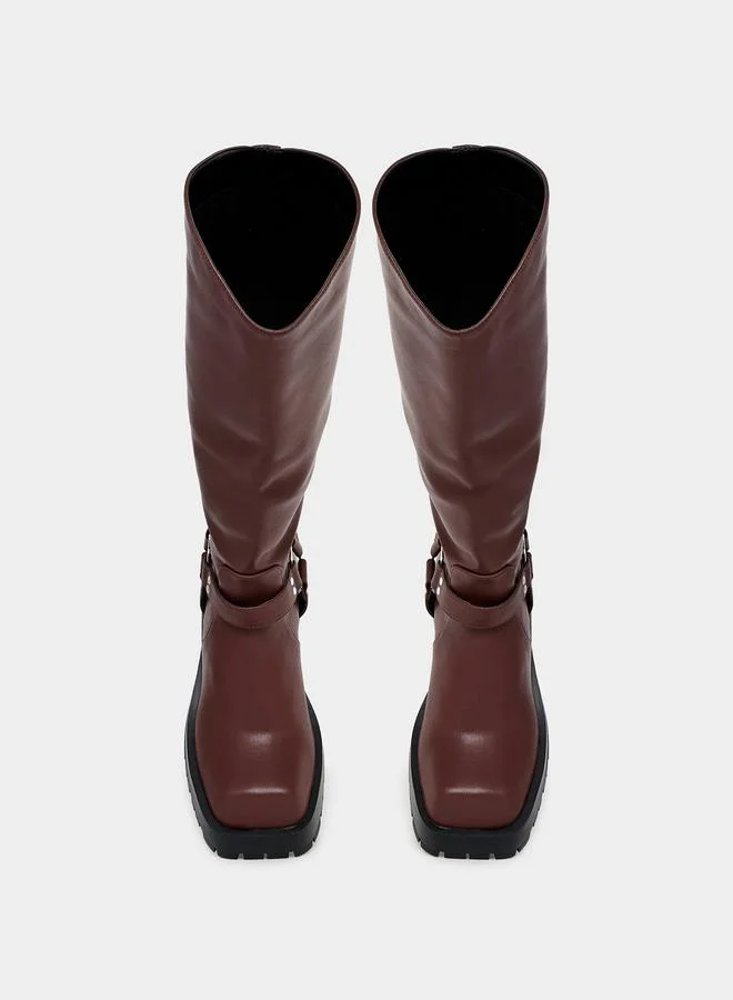 RAID Buckle Harness Detail Knee High Boots by Styli