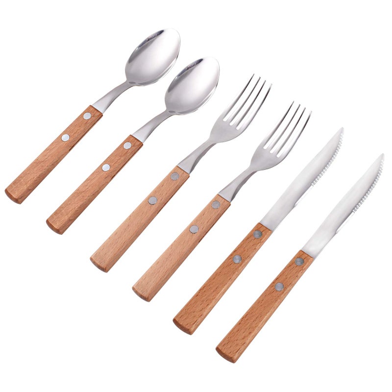 Lnrkai Cutlery Sets of 6 Dinner Spoons Knife and Fork Set Stainless Steel with Wooden Wide Handles Flatware Set Tableware Dinnerware Service for 2 Adult