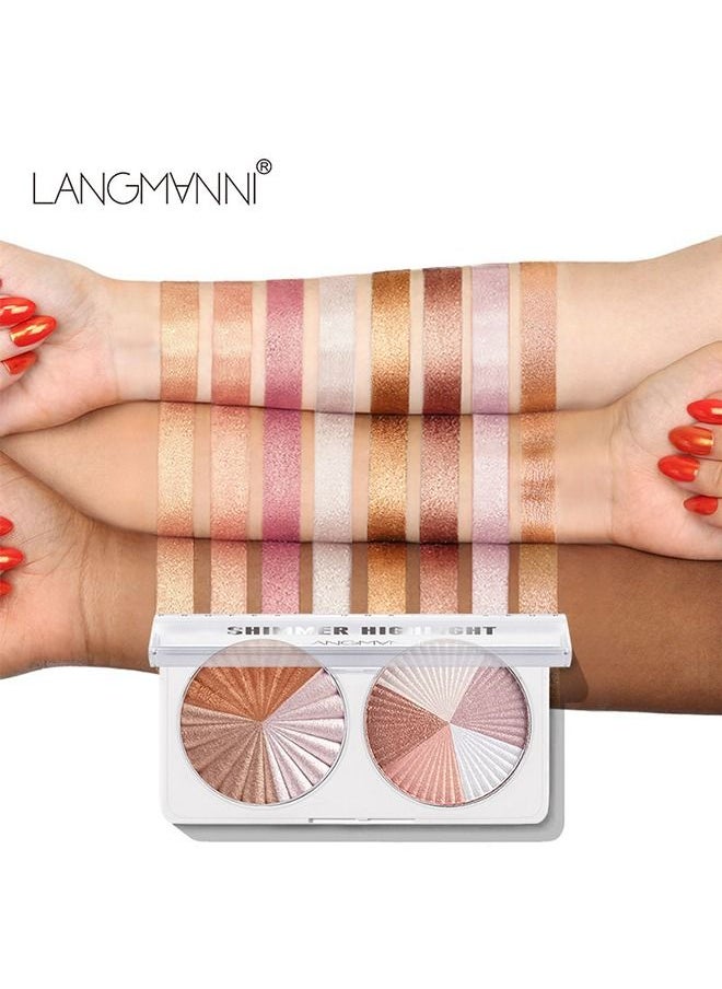LANGMANNI - Highlighter Double Disc Multi Color Mixed Shimmer Highlight Makeup Palette Highlighter Powder, White Pink Champagne Gold Shimmer Highlighter Primer Face Makeup Glitter - Image 1