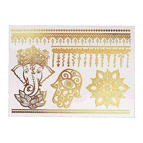 S.A.V.I 3D Temporary Tattoo Golden and Silver Metallic Sticker Heart Dream Catcher Elephant Eye Rose Flower Hand Arm Design Size 21x15cm - 1pc. (19), Gold, 2 g - Image 1