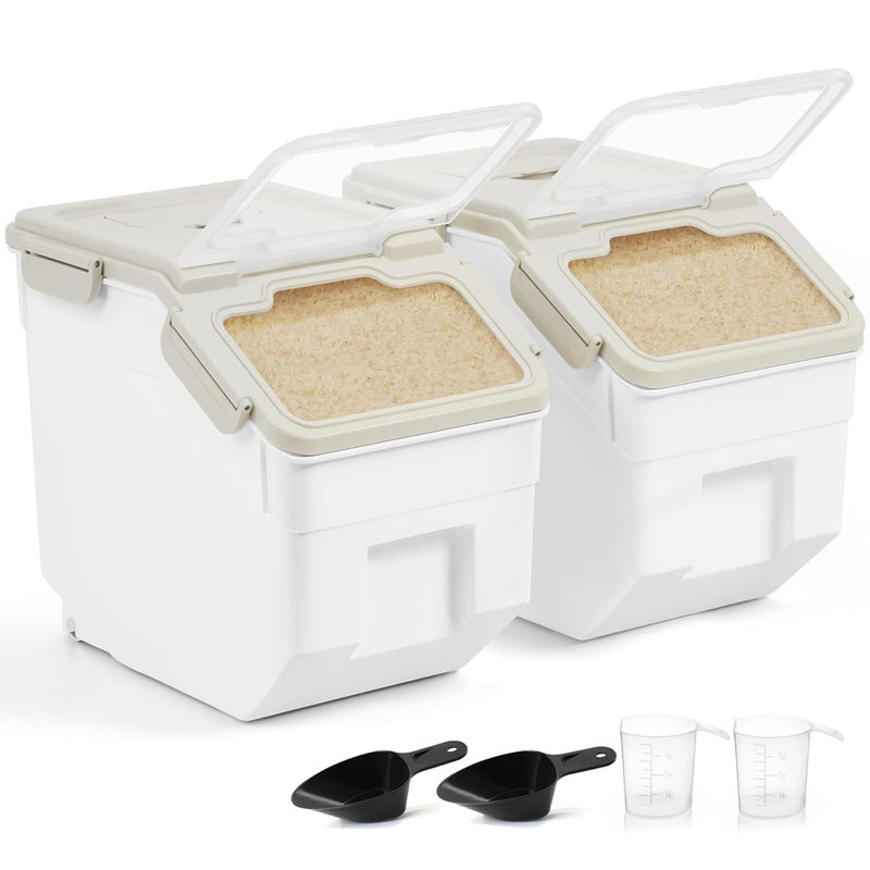 ABOUT SPACE ABOUT SPACE 10Kg Rice Container 2 Pack Airtight Rice Storage Container With Measuring Cup Rice ShovelRice Barrel DispenserMoisture Proof Kitchen Organiser For CerealsPulsesPlasticWhite  - Image 1