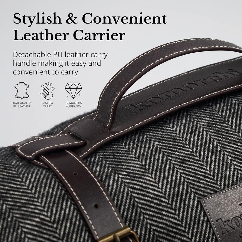 Komorebi Large Outdoor Waterproof Picnic Blanket (78"x59") Acrylic Wool Blend | Leather Carrier | Soft Herringbone Pattern Picnic Mat for up to 4 Adults (Grey) - Image 4