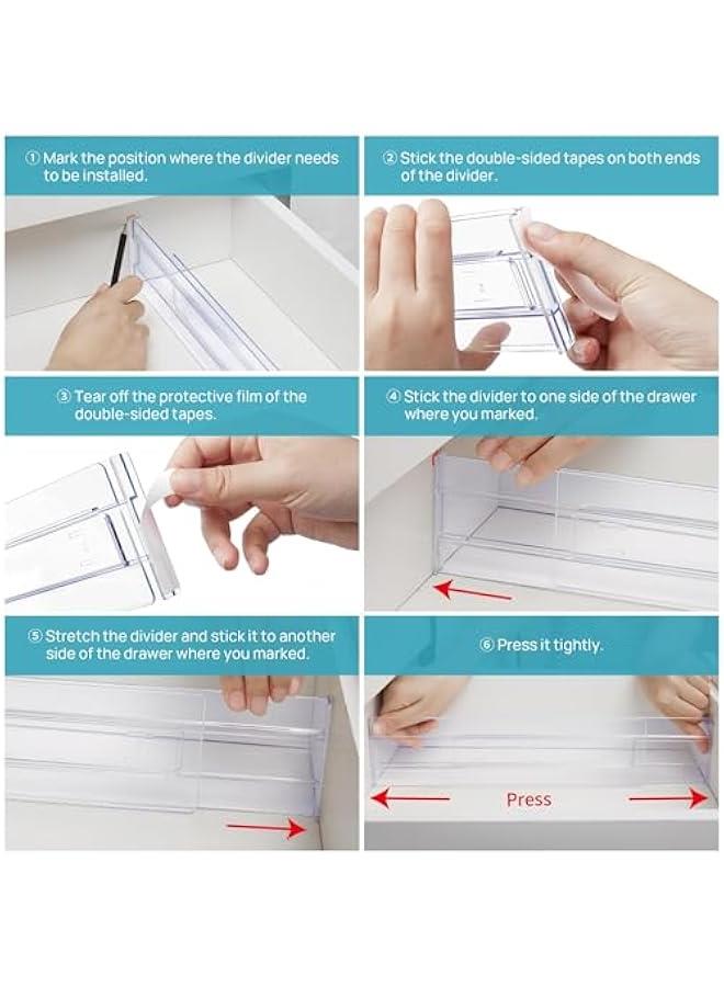HOOKOR Drawer Dividers Organizers 4 Pack, Adjustable 8CM High Expandable from 27.5-52CM Kitchen Drawer Organizer, Clear Plastic Drawers Separators for Clothing, Installed by Double-sided Tape - Image 2