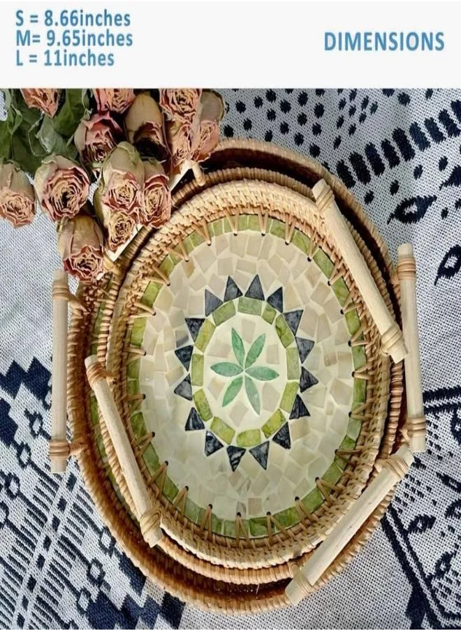 QUESERA Woven Round Rattan Tray With Mother Of Pearl Inlay WITH Handles