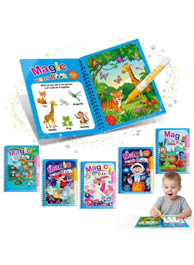 NYVIO Magic Water Coloring Book for Kids –8 Reusable Mess Free Water Drawing Book with Magic Pen, Montessori Educational Activity Pad for Toddlers Boys & Girls, Travel Doodle Painting Toy - Image 1