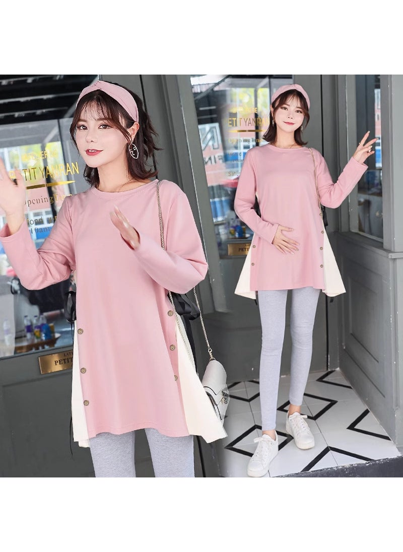 Generic - Fashionable Maternity Tops For Pregnant Women High-end Feel Top 2024 New Arrival Autumn Collection Crew Neck Dress Tao #326 pink - Image 1
