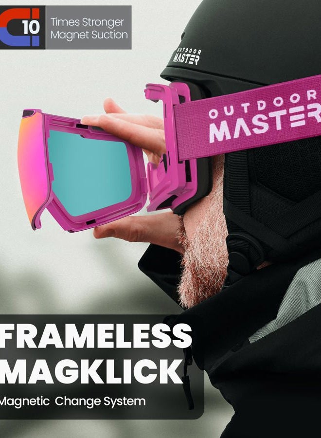 OutdoorMaster Heron Ski Goggles with 2 Lens, Frameless, Magnetic Interchangeable HD Toric Lens, OTG Snowboard Goggles(RoseFrame RevoPink Vlt 13% + YellowLens) - Image 3