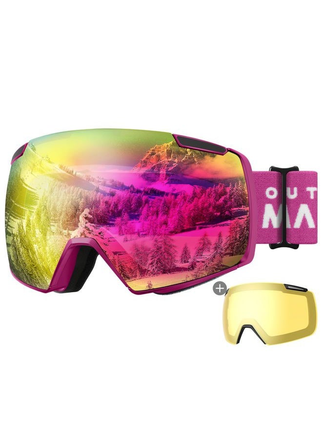 OutdoorMaster Heron Ski Goggles with 2 Lens, Frameless, Magnetic Interchangeable HD Toric Lens, OTG Snowboard Goggles(RoseFrame RevoPink Vlt 13% + YellowLens) - Image 1