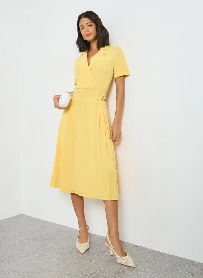 Styli Yellow Buckle Detail Fold Pleat Midi Dress