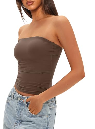 Darong Womens Tube Tops Summer Outfits 2025 Casual Beach Vacation Clothes Strapless Sleeveless Tank Tops 9205 Coffee M - Image 4