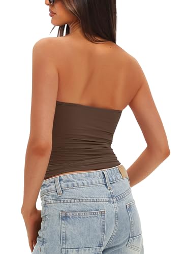 Darong Womens Tube Tops Summer Outfits 2025 Casual Beach Vacation Clothes Strapless Sleeveless Tank Tops 9205 Coffee M - Image 3