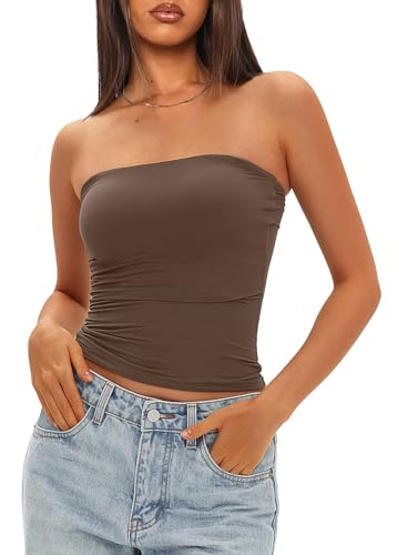 Darong Womens Tube Tops Summer Outfits 2025 Casual Beach Vacation Clothes Strapless Sleeveless Tank Tops 9205 Coffee M - Image 5