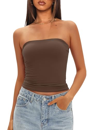 Darong Womens Tube Tops Summer Outfits 2025 Casual Beach Vacation Clothes Strapless Sleeveless Tank Tops 9205 Coffee M - Image 1