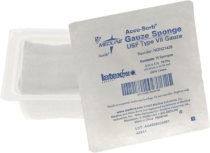 Medline Sterile 100 Cotton Woven Gauze Sponges 4 x 4 16Ply Ideal for Wound Dressing and General Cleaning 10Hard Tray Pack of 128
