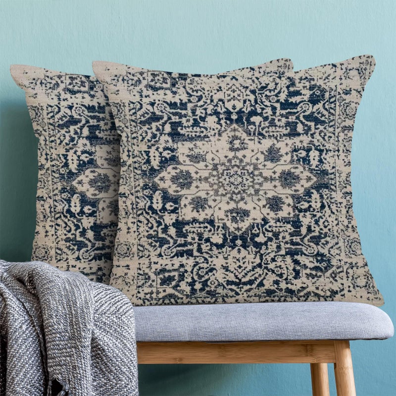 AEIOAE Boho Pillow Covers 24x24 Inch Set of 2,Carpet Pattern Throw Pillows Case,Navy Blue Beige Ethnic Design Outdoor Decorative Square Linen Farmhouse Decor Cushion Covers for Home Sofa Bed Couch - Image 2