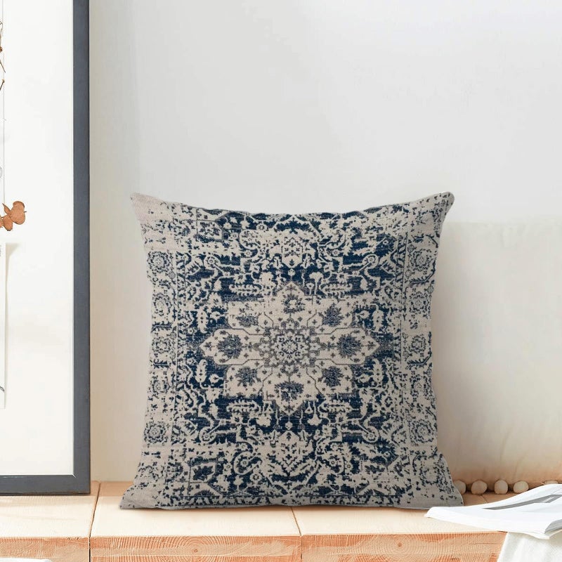 AEIOAE Boho Pillow Covers 24x24 Inch Set of 2,Carpet Pattern Throw Pillows Case,Navy Blue Beige Ethnic Design Outdoor Decorative Square Linen Farmhouse Decor Cushion Covers for Home Sofa Bed Couch - Image 3