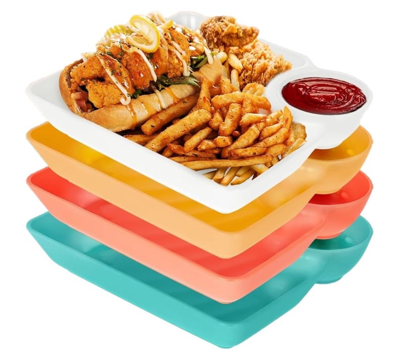 PLENARO Chip and Dip Snack Plates Divided Serving Platter Set with Round Dip Sauce Section Serving Dishes for Snacks Dessert Salad Fries Pack of 4 Mix - Image 1