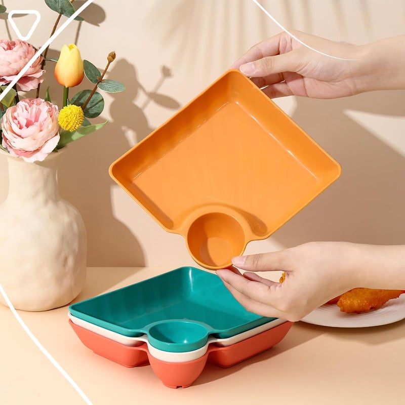 PLENARO Chip and Dip Snack Plates Divided Serving Platter Set with Round Dip Sauce Section Serving Dishes for Snacks Dessert Salad Fries Pack of 4 Mix - Image 4