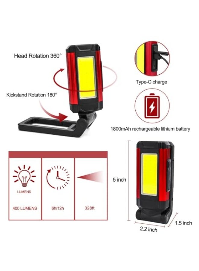 Rechargeable Flashlights, Magnetic COB Work Light Portable Emergency Lighting Multi-Functional Magnetic Work Light Compact Emergency Job Lighting for Car Repair Camping Household Blackout, Red - Image 2