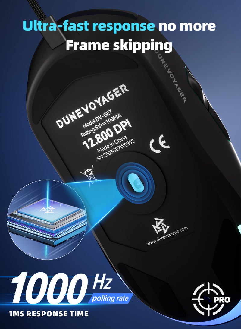 DuneVoyager GE7 Macro Gaming Mouse, 1-12800 DPI Adjustable, 1000Hz Polling Rate, Pluggable cable, 6 Programmable Buttons with Macro Support & Custom Software, 16.8M RGB Lighting, Ergonomic Wired USB Esports Mouse, Compatible with PC/PS4/PS5/Xbox Gaming Mouse, Perfect for Fortnite Players Gaming Mouse - Image 4