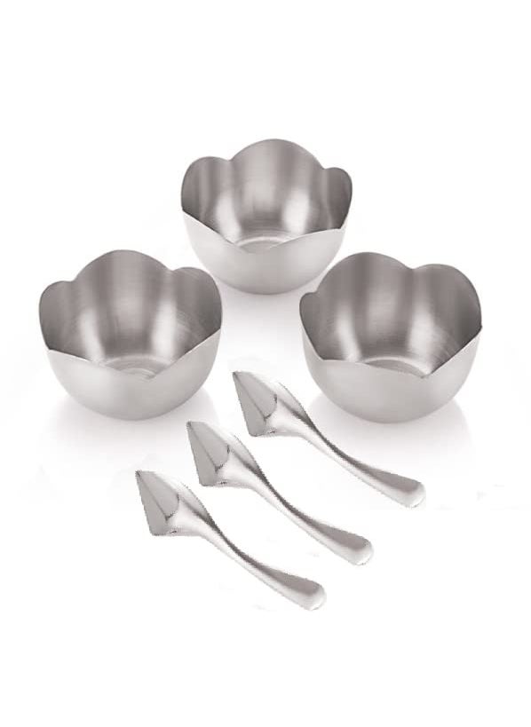 FINALITY FINALITY Stainless Steel Flower Shape Serving Desert Bowl ice Cream Bowl Sabji Bowl Dal Bowl with Cut Spoon Color Silver Size 10 cm Set of 3Pcs  - Image 1
