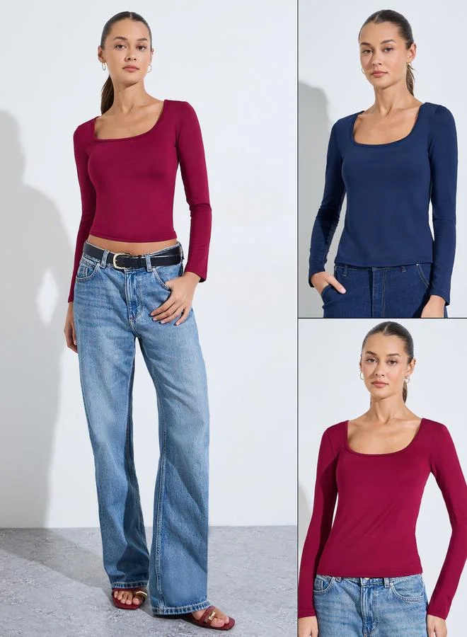 Styli Pack of 2 - Multi-Color Square Neck Long Sleeves Knit T-Shirt