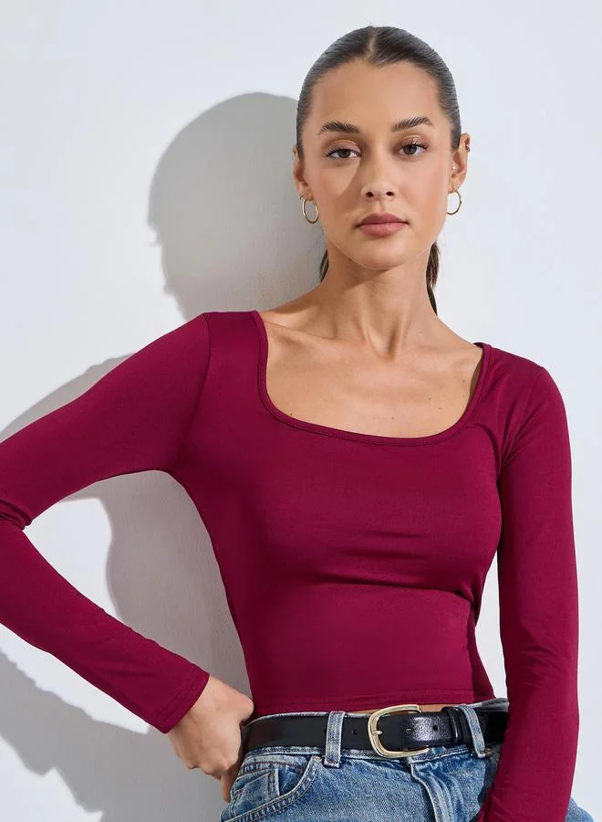 Styli Pack of 2 - Multi-Color Square Neck Long Sleeves Knit T-Shirt