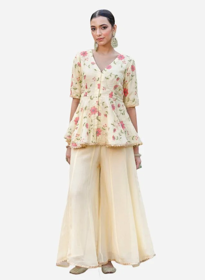 KASYA Off White Floral Print Organza Top and Pants Co-Ords