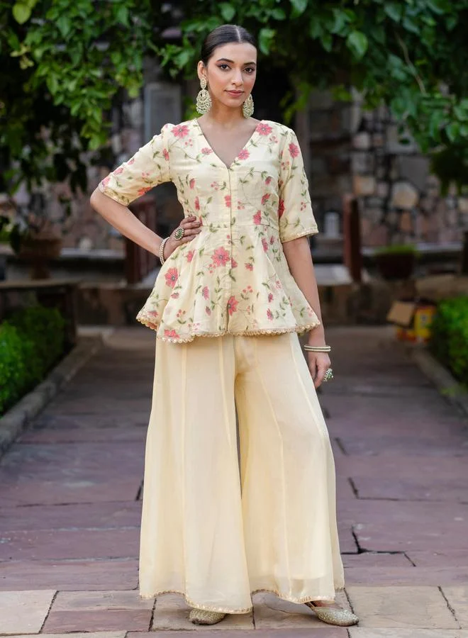 KASYA Off White Floral Print Organza Top and Pants Co-Ords