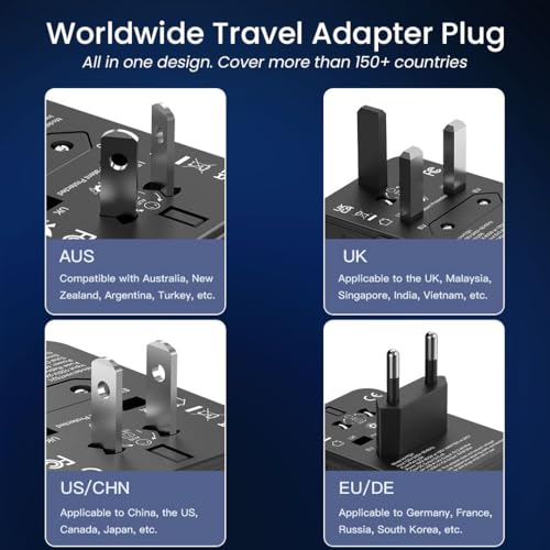MAK 25W International Travel Charger – 5-in-1 Adapter with 2 USB-C & 2 USB-A Ports | Works in 150+ Countries | Compatible with Type A, C, G, I Plugs | Black - Image 3