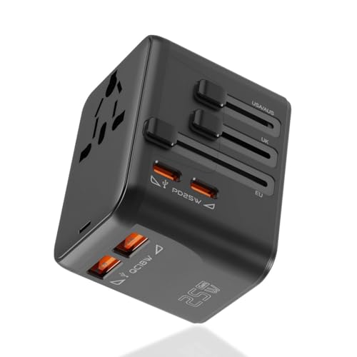 MAK 25W International Travel Charger – 5-in-1 Adapter with 2 USB-C & 2 USB-A Ports | Works in 150+ Countries | Compatible with Type A, C, G, I Plugs | Black - Image 1