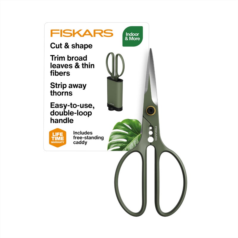 Fiskars Shaper Plant Shears, Precision Indoor Gardening Snips with Storage Caddy, Forged Stainless Steel Blades for Clean Cuts on Broad Leaves, Ambidextrous Handles & Stem Stripper, 6" - Image 1