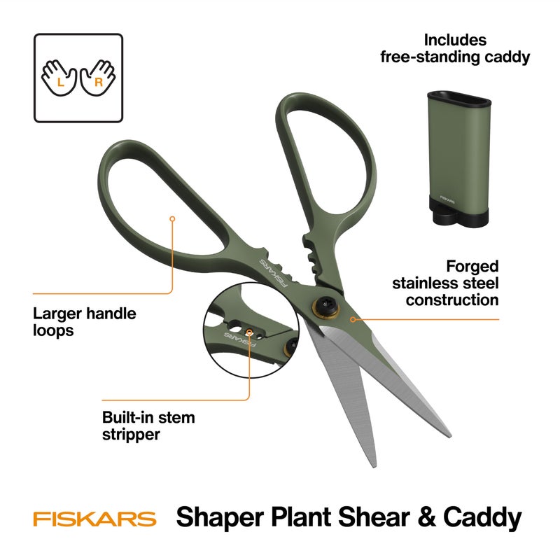 Fiskars Shaper Plant Shears, Precision Indoor Gardening Snips with Storage Caddy, Forged Stainless Steel Blades for Clean Cuts on Broad Leaves, Ambidextrous Handles & Stem Stripper, 6" - Image 2