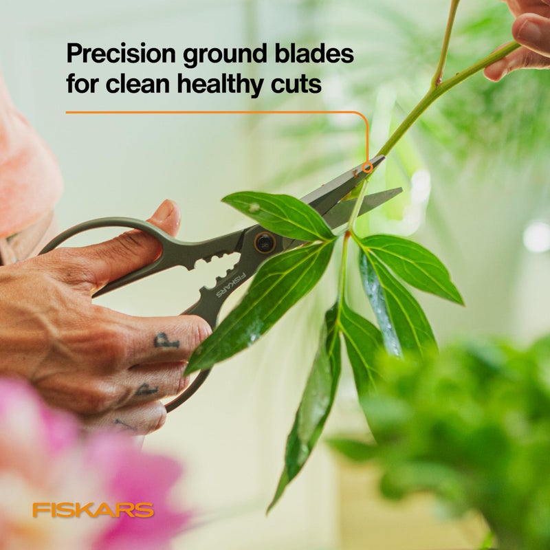 Fiskars Shaper Plant Shears, Precision Indoor Gardening Snips with Storage Caddy, Forged Stainless Steel Blades for Clean Cuts on Broad Leaves, Ambidextrous Handles & Stem Stripper, 6" - Image 3
