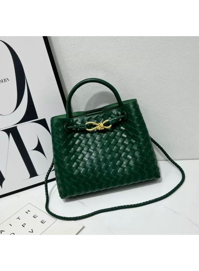 Luxury Woven Leather Top Handle Bucket Tote Bag with Detachable Crossbody Strap – 25 cm
