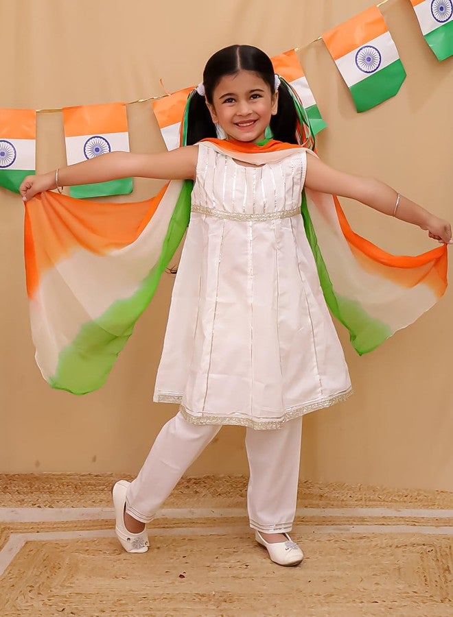 AJ DEZINES Girls Cotton Sleeveless White Kurta Sharara Set for Kids With Tricolor Dupatta - Ethnic Wear | Republic Independence Outfit - Solid Pattern, Regular Fit | 1177-24 - Image 2
