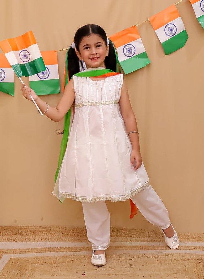 AJ DEZINES Girls Cotton Sleeveless White Kurta Sharara Set for Kids With Tricolor Dupatta - Ethnic Wear | Republic Independence Outfit - Solid Pattern, Regular Fit | 1177-24 - Image 3