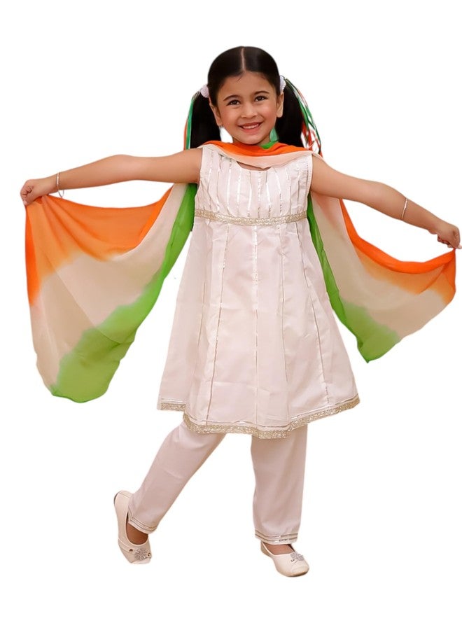 AJ DEZINES Girls Cotton Sleeveless White Kurta Sharara Set for Kids With Tricolor Dupatta - Ethnic Wear | Republic Independence Outfit - Solid Pattern, Regular Fit | 1177-24 - Image 1