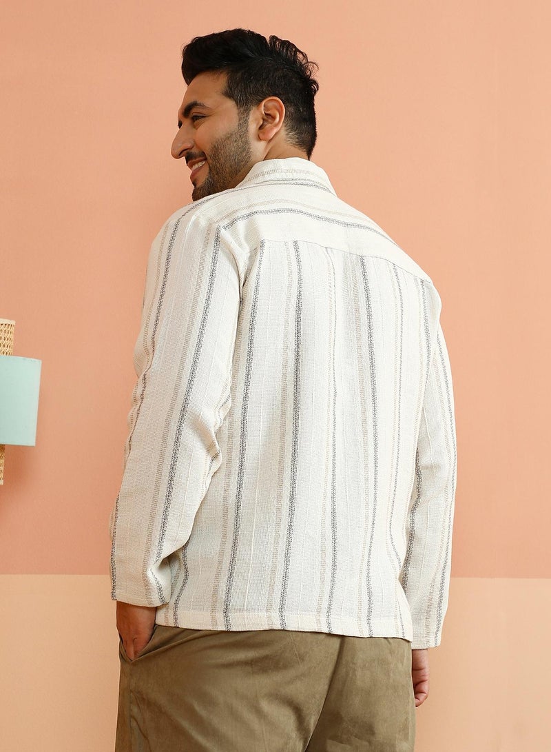 Instafab Plus Men's Off-White Striped Loose-Weave Cuban Shirt For Casual Wear | Cuban Collar | Long Cuffed Sleeves | Button Closure | Plus Size Shirt Crafted With Comfort Fit For Everyday Wear - Image 5