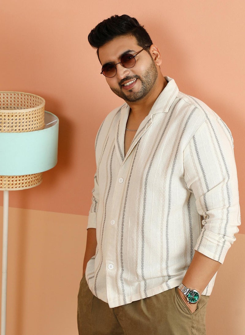 Instafab Plus Men's Off-White Striped Loose-Weave Cuban Shirt For Casual Wear | Cuban Collar | Long Cuffed Sleeves | Button Closure | Plus Size Shirt Crafted With Comfort Fit For Everyday Wear - Image 1