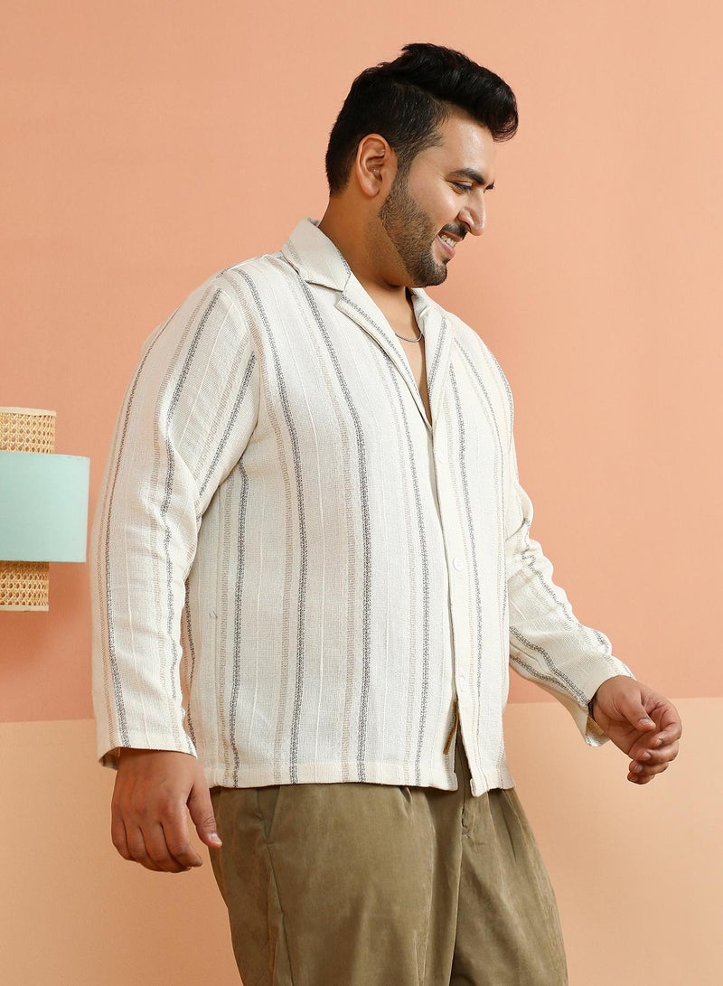 Instafab Plus Men's Off-White Striped Loose-Weave Cuban Shirt For Casual Wear | Cuban Collar | Long Cuffed Sleeves | Button Closure | Plus Size Shirt Crafted With Comfort Fit For Everyday Wear - Image 3