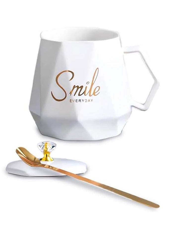 UKR UKR Smile Premium Coffee & Tea Mug with Spoon and Lid | Ceramic Water Cup for Office & Home | Stylish Personality Mug in White | Durable Hot & Cold Beverage Mug for Daily Use - Image 2